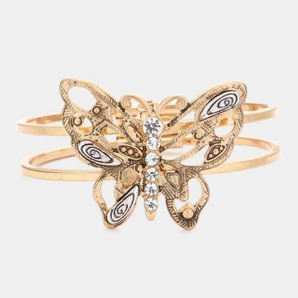 Two Tone Gold Metal Butterfly Bracelet Statement Hinged Rhinestone Crystal - Picture 1 of 2